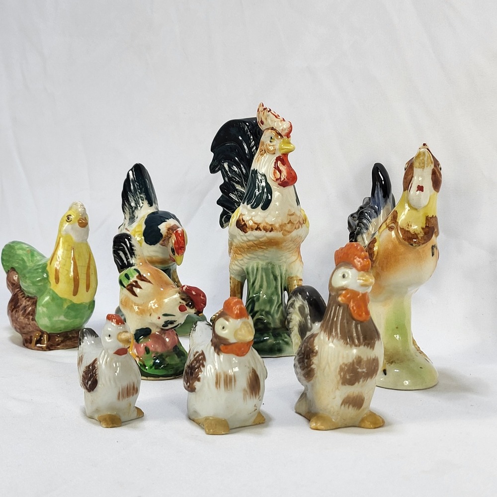 VTG Ceramic Rooster Chicken Figurine Set 8pc Farmhouse Decor Hand Painted FLAWS